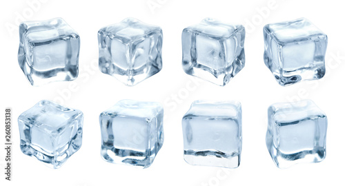 Set of crystal clear ice cubes on white background