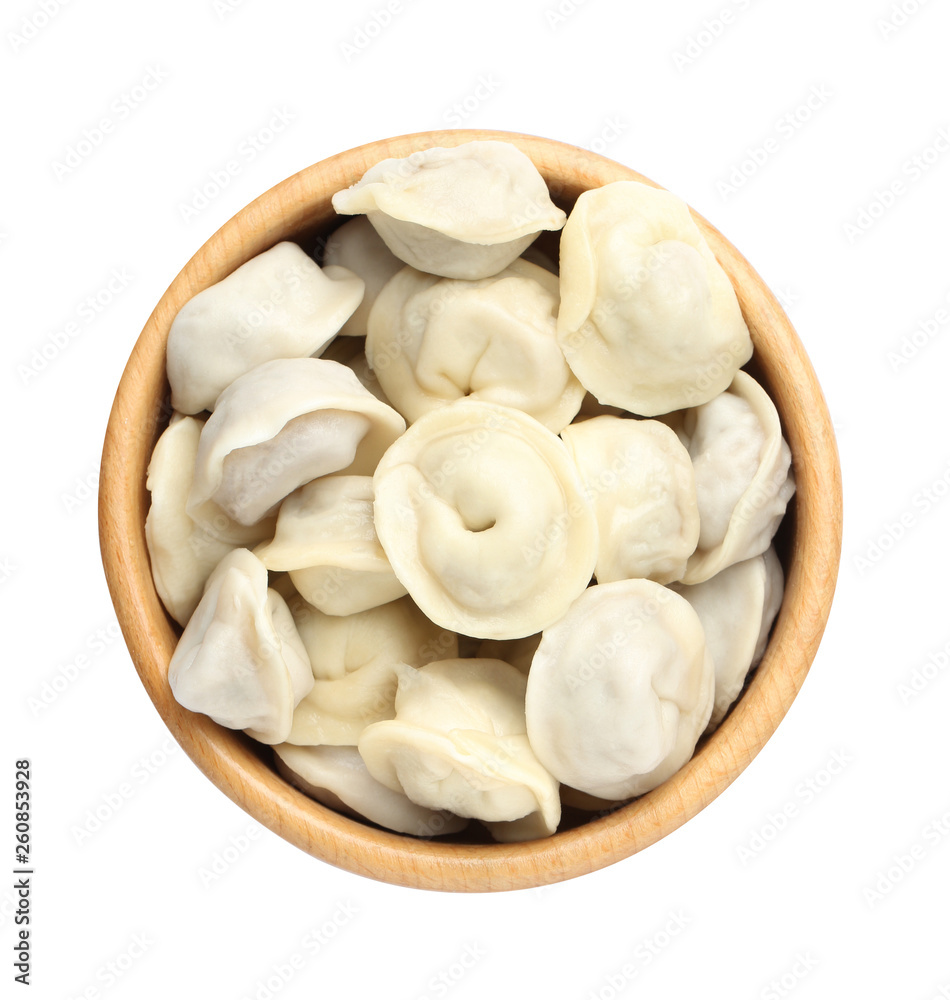 Bowl with tasty dumplings isolated on white, top view Bowl with tasty dumplings isolated on white, top view