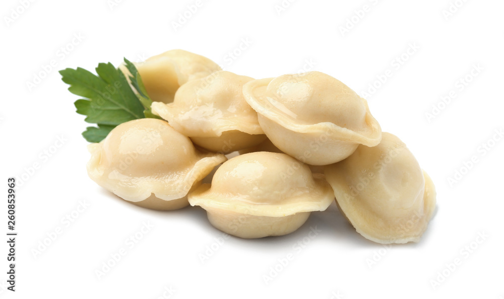 Boiled dumplings with parsley on white background