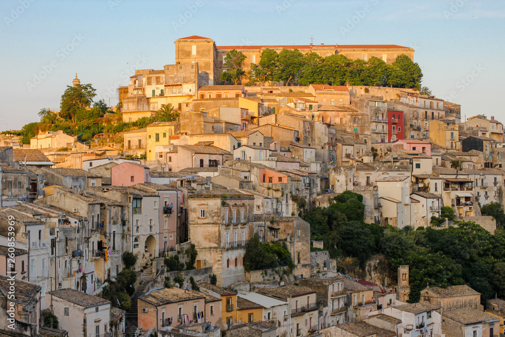 View of Ragusa Ibla, district of Ragusa city, on sunset, Sicily island, Italy
