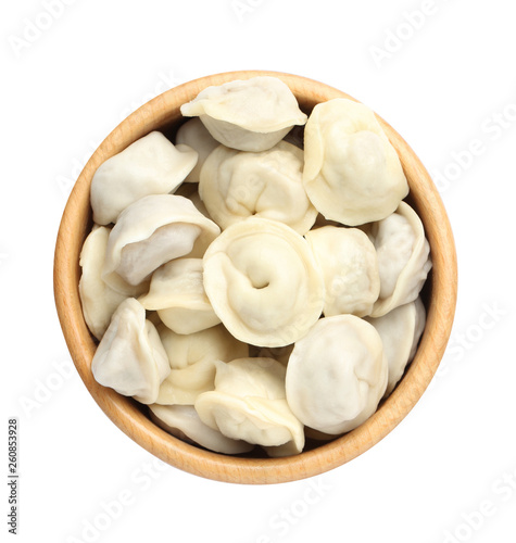 Bowl with tasty dumplings isolated on white, top view