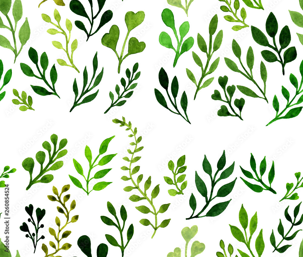 watercolor seamless pattern with green plants on white background - spring and summer floral design for invitation, wedding or greeting cards - hand drawn illustration