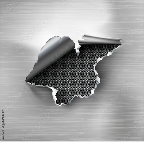 ragged Hole torn in ripped steel on metal