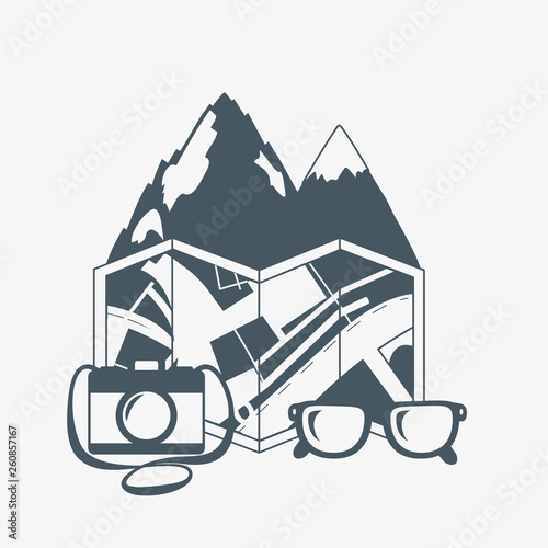 wanderlust label with forest scene and paper map