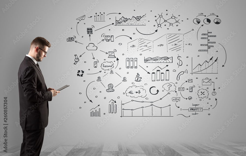 Manager staying and presenting office affairs for someone with graphs, icons reports around
Manager staying and presenting office affairs for someone with graphs, icons reports around