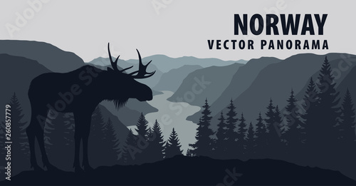 Photo vector panorama of Norway with moose
