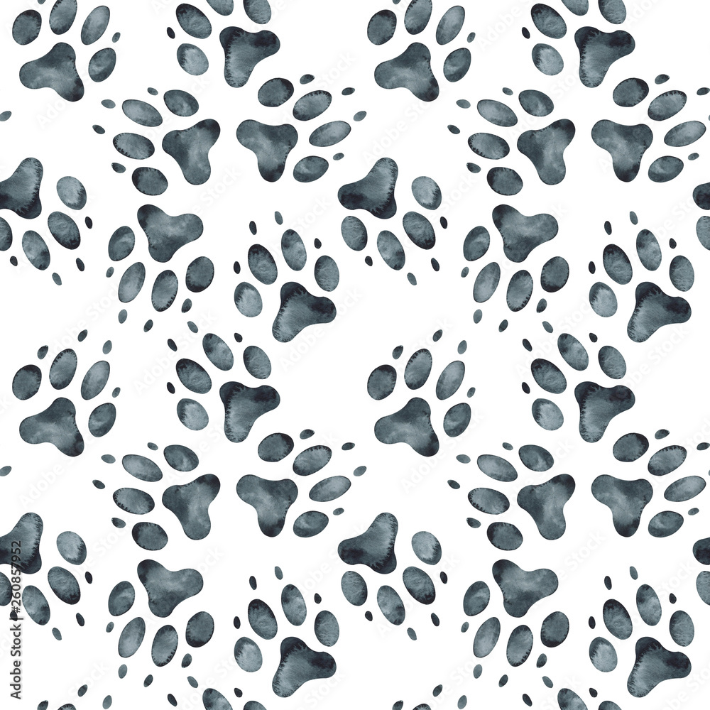 Seamless pattern of dog footprint. Watercolor illustration.