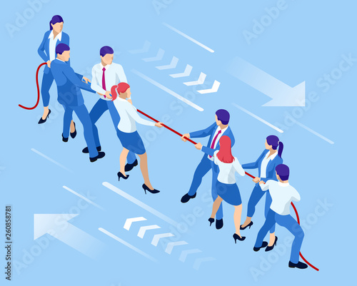 Isometric businessmen and businesswomen in suit pull the rope, competition, conflict. Tug of war and symbol of rivalry.