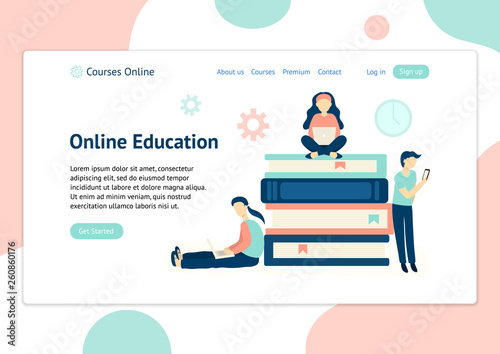 Header template for website with people learning with different devices. Online education vector theme