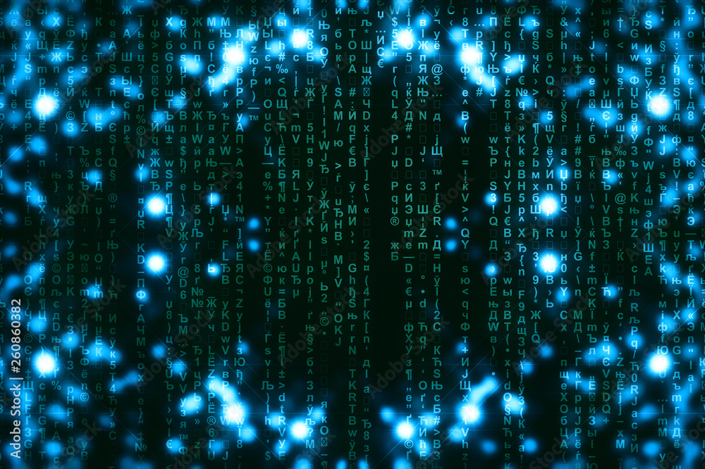 Blue green matrix digital background. Abstract cyberspace concept. Green characters fall down. Matrix from symbols stream. Virtual reality design. Complex algorithm data hacking. Cyan digital sparks.