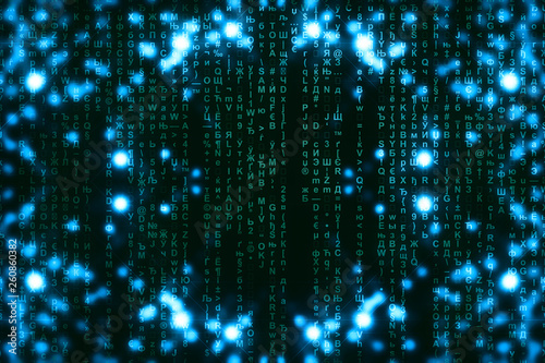 Wallpaper Mural Blue green matrix digital background. Abstract cyberspace concept. Green characters fall down. Matrix from symbols stream. Virtual reality design. Complex algorithm data hacking. Cyan digital sparks. Torontodigital.ca