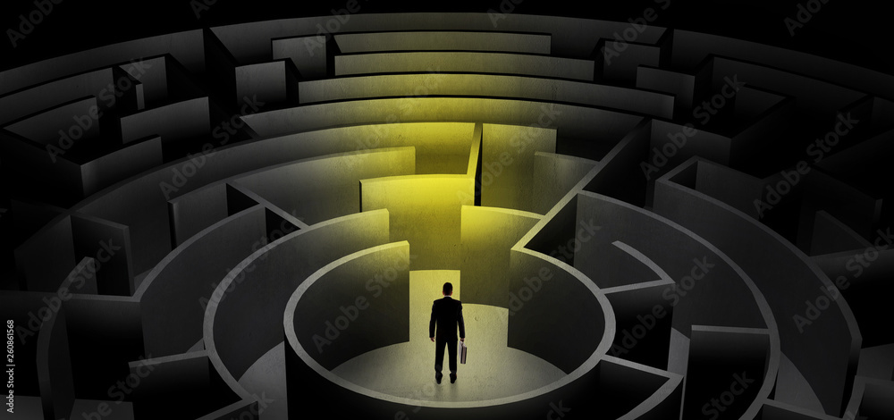 Businessman can not decide which entrance to chose in a middle of a dark maze
Businessman can not decide which entrance to chose in a middle of a dark maze