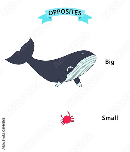 Wordcard for big and small antonyms and opposites. Cartoon characters illustration on white background. Card for teaching aid, for foreign language learning lessons. Vector illustration