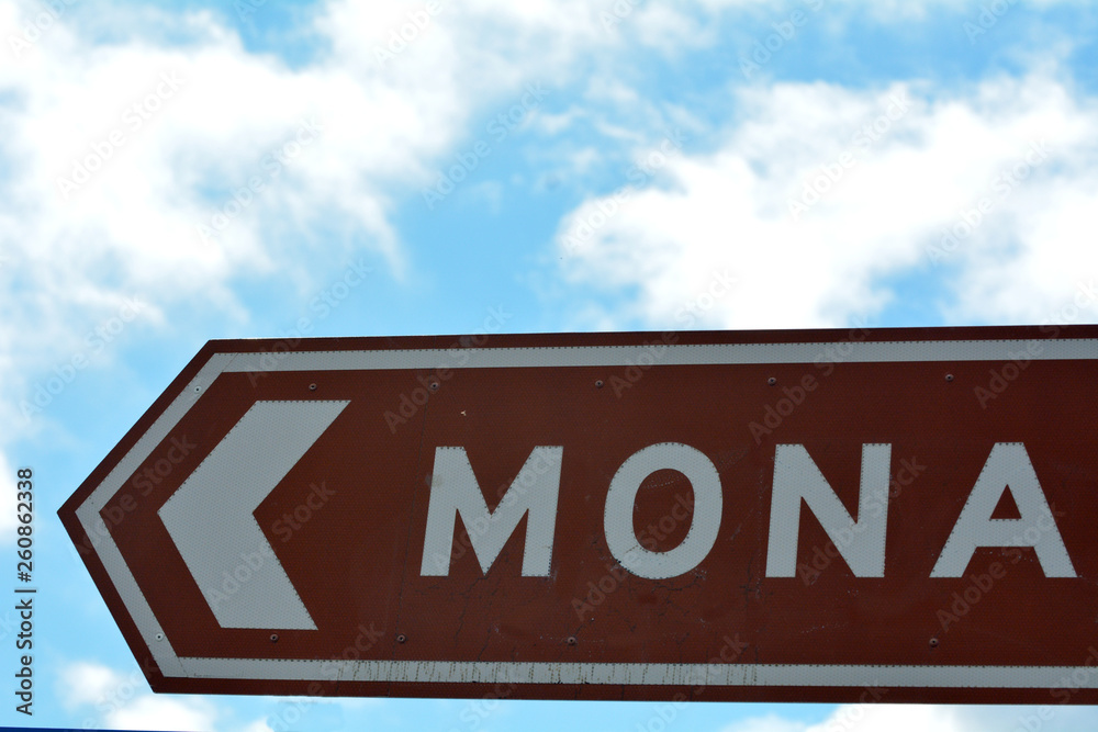 Road sign to Mona – Museum of Old and New Art Hobart Tasmania Australia Road sign to Mona – Museum of Old and New Art Hobart Tasmania Australia
