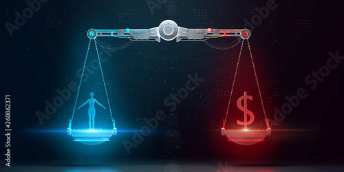 cyber digital scales with human on one side and business dollar sign on the other. digital ethics, personal data value, crypto protection and corporate responcibility 3d render