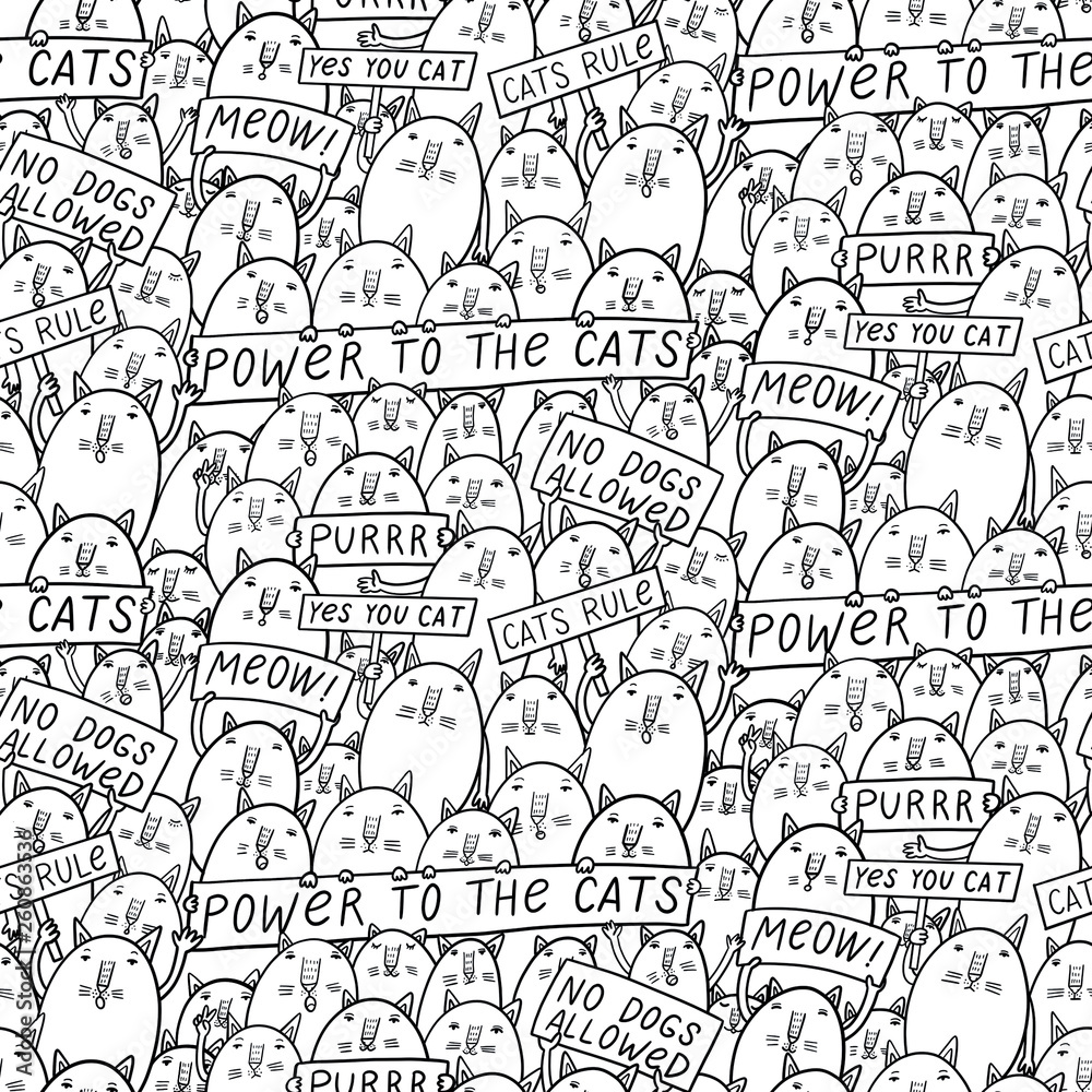 Seamless pattern with doodle cats with slogans at the rally