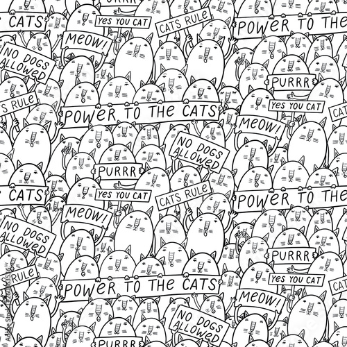 Photography Seamless pattern with doodle cats with slogans at the rally