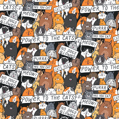 Photography Seamless pattern with doodle cats with slogans at the rally