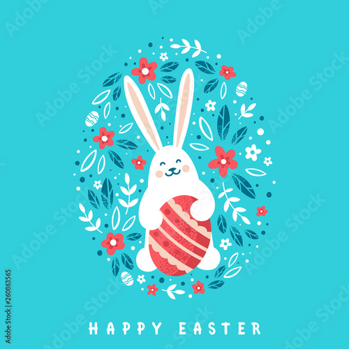 Cute Bunny with red Easter egg on floral background. Happy Easter greeting card in cartoon style.