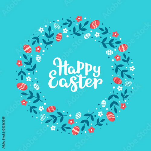 Easter wreath with Easter eggs, flowers and leaves on light blue background. Decorative frame in cartoon style . Unique design for your greeting cards