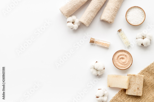 Eco-friendly cosmetics and zero waste set for spa on white background top view mock up