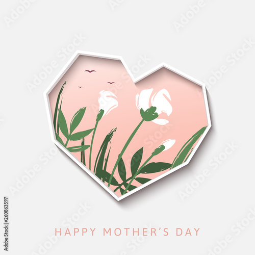 Happy Mother's Day greeting card. Pink heart with delicate flowers.