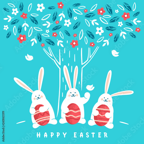 Cute bunnies with Easter eggs near the tree. Happy Easter greeting card in cartoon style.