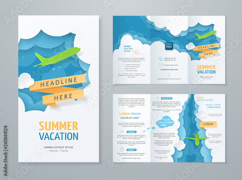 Travel tri-fold brochure with 3d scene with paper cut objects (airplane, clouds, ribbon) on blue background. Vector template with illustration in paper style for design of flyer, booklet and leaflet.
