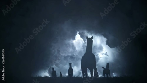 Herd of Horses Running to Camera Under an Epic Lightning Storm