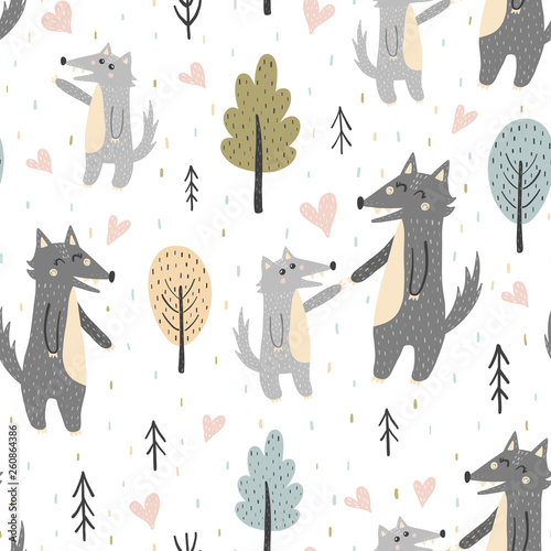 Cute mother wolf with her baby pup seamless pattern. Forest vector illustration
