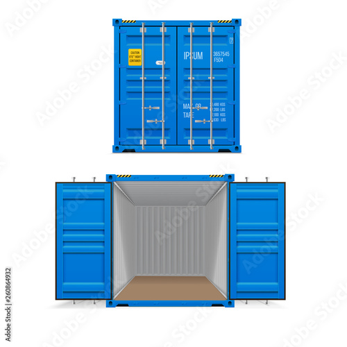 Realistic set of bright blue cargo containers.   Open and closed.
