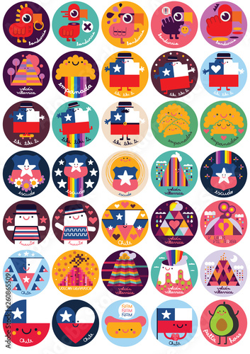 Set of 35 cute kawaii chile icons graphic resources fiestas patrias