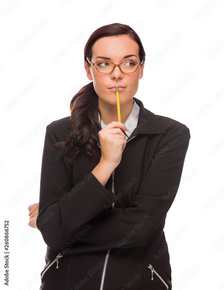 Mixed Race Businesswoman Holding Pencil Looking To The Side Isolated on a White Background Mixed Race Businesswoman Holding Pencil Looking To The Side Isolated on a White Background