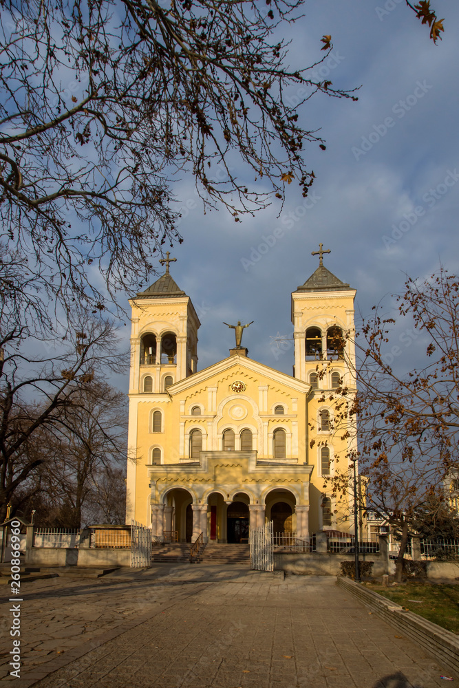 Sunset view of The Roman Catholic church Most holy Heart of Jesus in town of Rakovski, Bulgaria