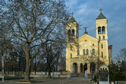 Sunset view of The Roman Catholic church Most holy Heart of Jesus in town of Rakovski, Bulgaria photo