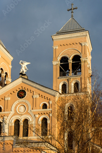 Sunset view of The Roman Catholic church of St Michael the Archangel in town of Rakovski, Bulgaria photo