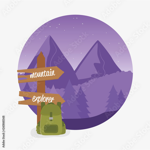 wanderlust label with landscape and travelbag scene