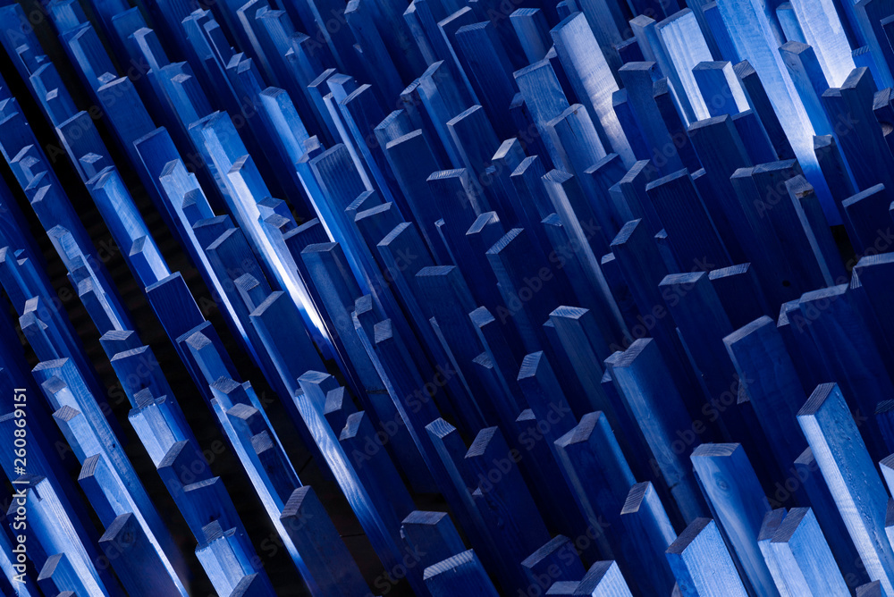 Abstract .Wooden planks fixed vertical.Concept megapolis or crystal.Blue Abstract .Wooden planks fixed vertical.Concept megapolis or crystal.Blue