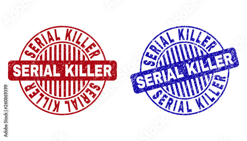 Grunge SERIAL KILLER round stamps isolated on a white background. Round seals with grunge texture in red and blue colors. Vector rubber watermark of SERIAL KILLER tag inside circle form with stripes.