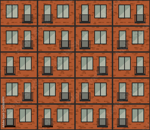 Building facade seamless pattern. Brickwall of building with windows and balconies.