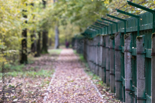 A track along a prison fence. A green fence with barbed wire in autumn forest.