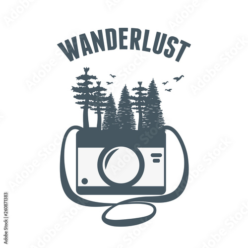 wanderlust label with forest scene and camera
