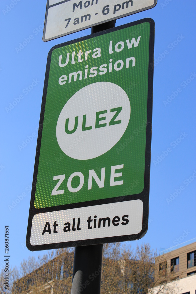 ULEZ, London, UK - April 8 2019: ULEZ (Ultra low emission zone) charge congestion charge & Ultra Low Emission Zone (ULEZ) warning sign central London £12.50, TFL stock photo photograph image picture