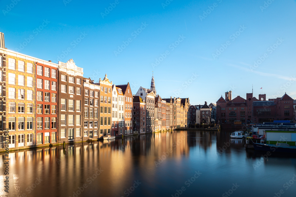 Traditional old house buildings in Amsterdam, Netherlands.