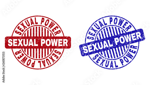 Grunge SEXUAL POWER round stamp seals isolated on a white background. Round seals with grunge texture in red and blue colors.