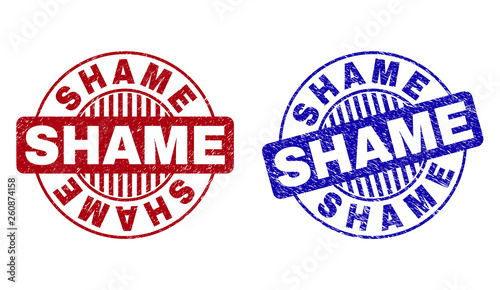 Grunge SHAME round stamp seals isolated on a white background. Round seals with grunge texture in red and blue colors. Vector rubber imprint of SHAME tag inside circle form with stripes.
