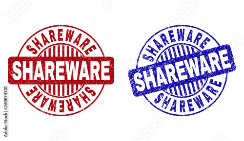 Grunge SHAREWARE round stamp seals isolated on a white background. Round seals with distress texture in red and blue colors. Vector rubber imprint of SHAREWARE text inside circle form with stripes.