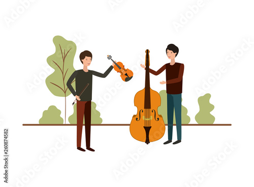 men with musical instruments in landscape