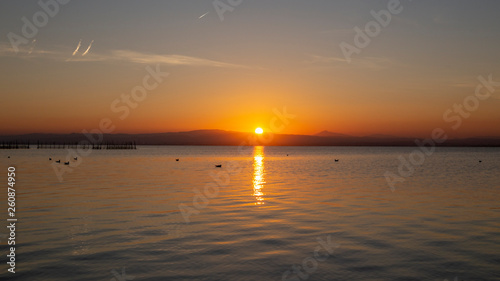 Sunset in Albufera of Valencia with seagulls in the water.