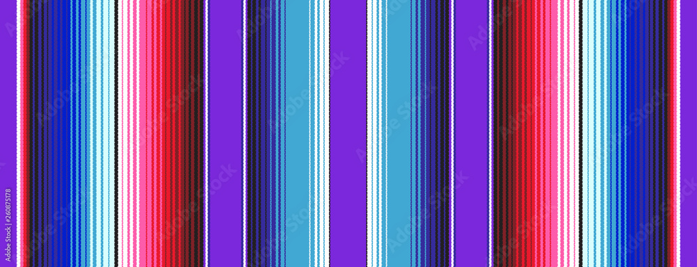 Purple Blue Red Pink Mexican Blanket Serape Stripes Seamless Vector Pattern. Rug Texture with Threads. Background for Cinco de Mayo Decor or Mexican Food Restaurant Menu. Pattern Tile Swatch Included.
